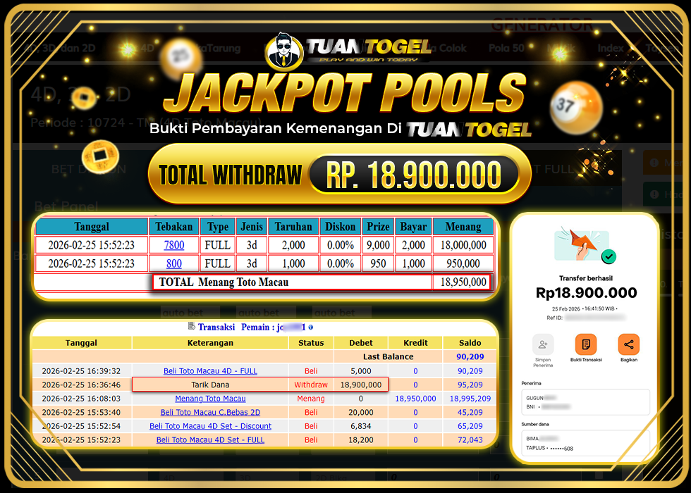 TUANTOGEL JACKPOT TOGEL TOTO MACAU Rp18.900.000, - LUNAS